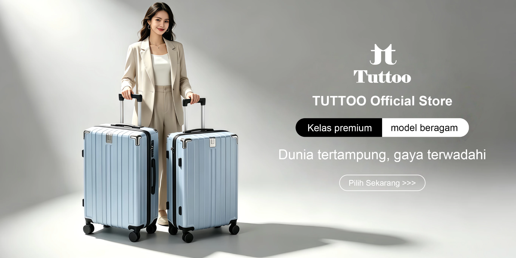 Banner TUTTOO Official Store dengan dua koper biru muda