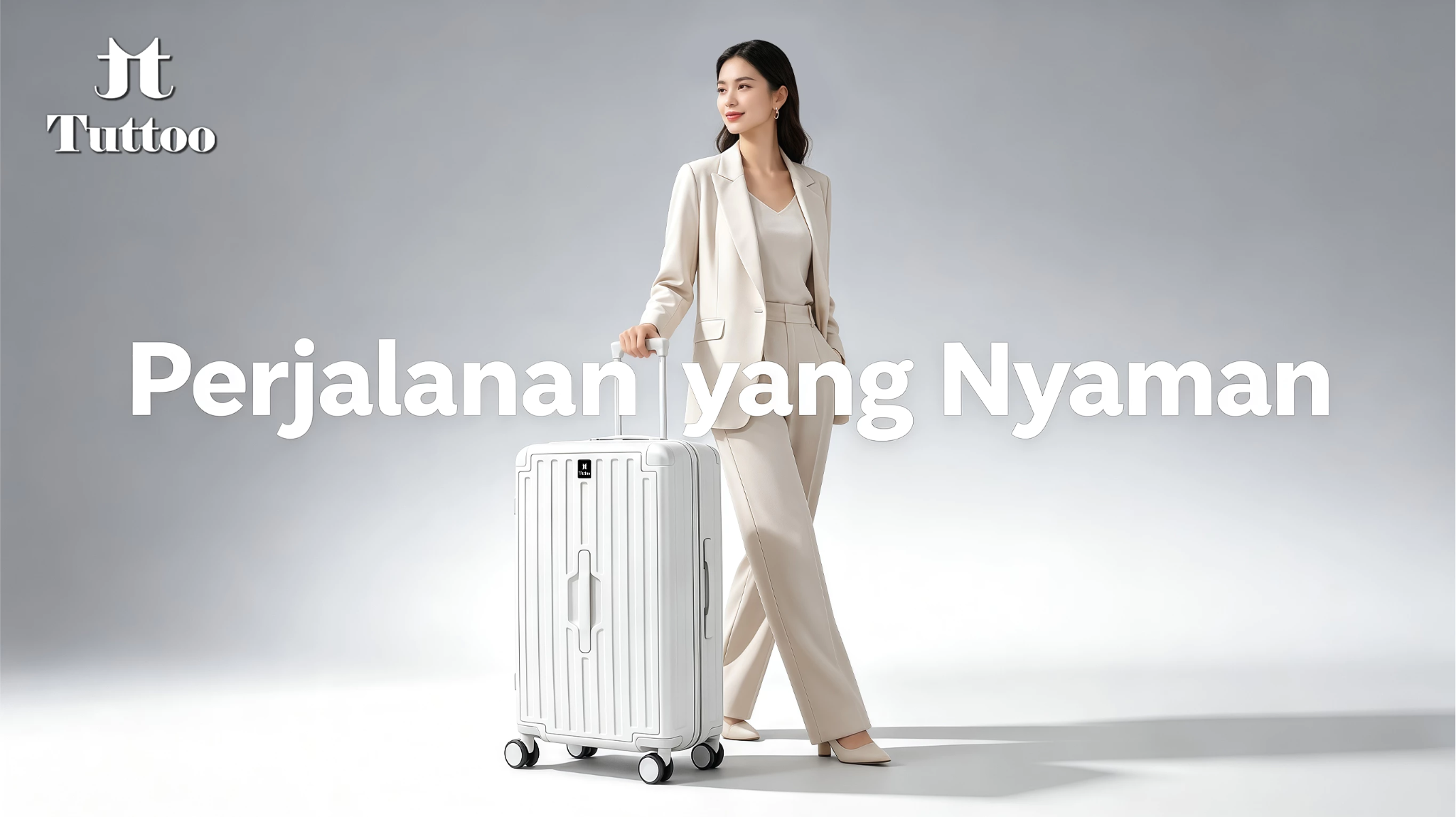 Banner TUTTOO: perempuan dengan koper putih, headline Perjalanan yang Nyaman